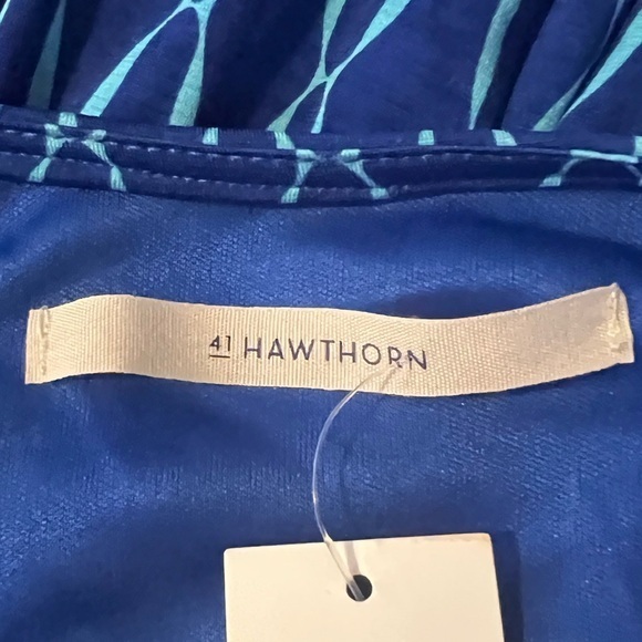 41 Hawthorn Women Small Blue Geometric  Faux Wrap Tie Belt Midi‎ Stretch Dress - Picture 3 of 5